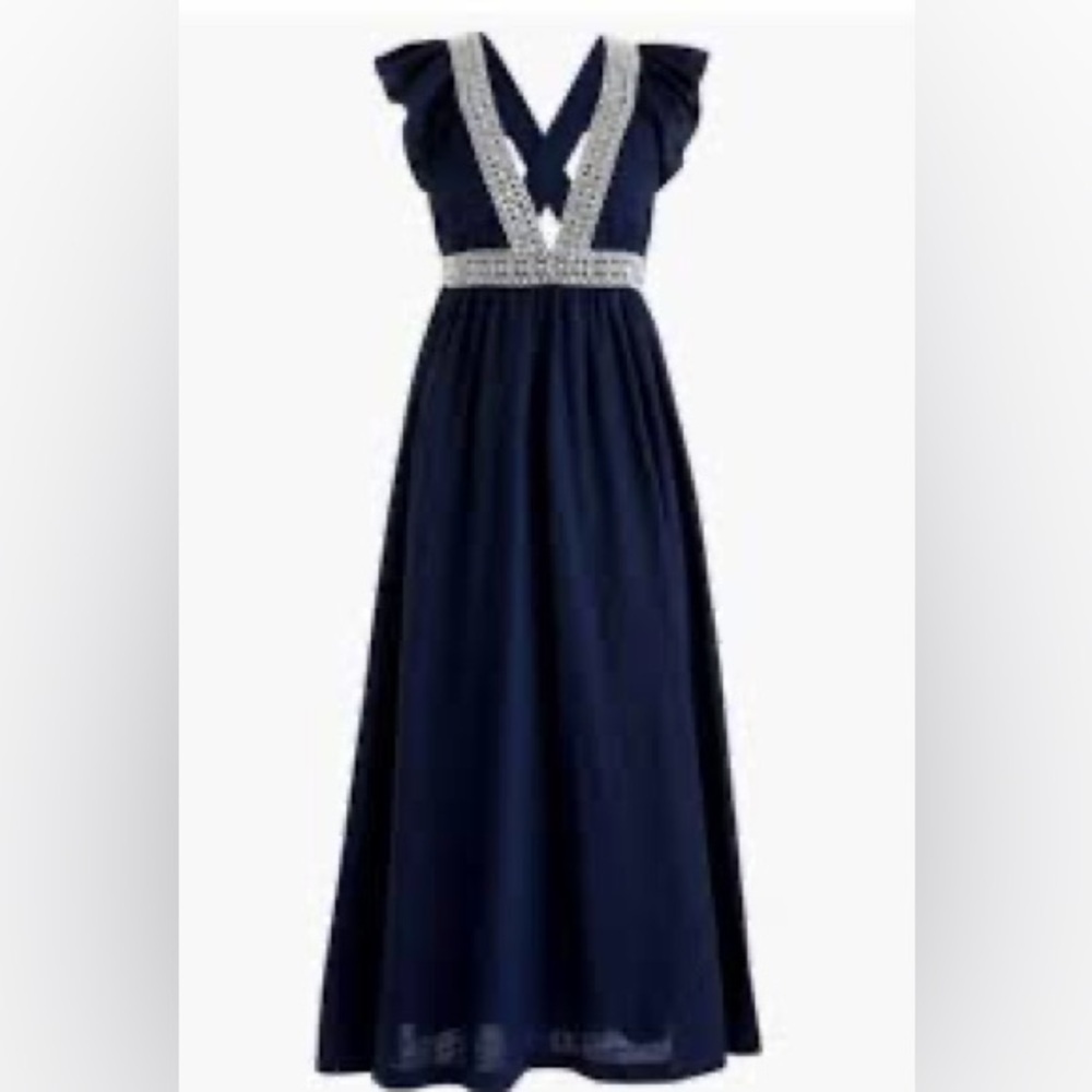 J.Crew Ruffle Deep V Neck Navy Linen Blend Maxi Dress Size Small - Picture 3 of 7